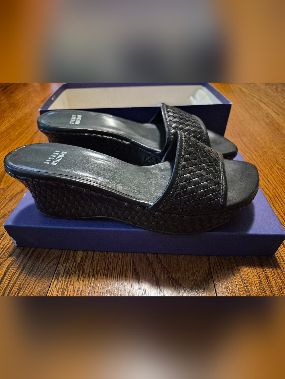 Stuart Weitzman Black Woven Slide Mules with Low Wedge